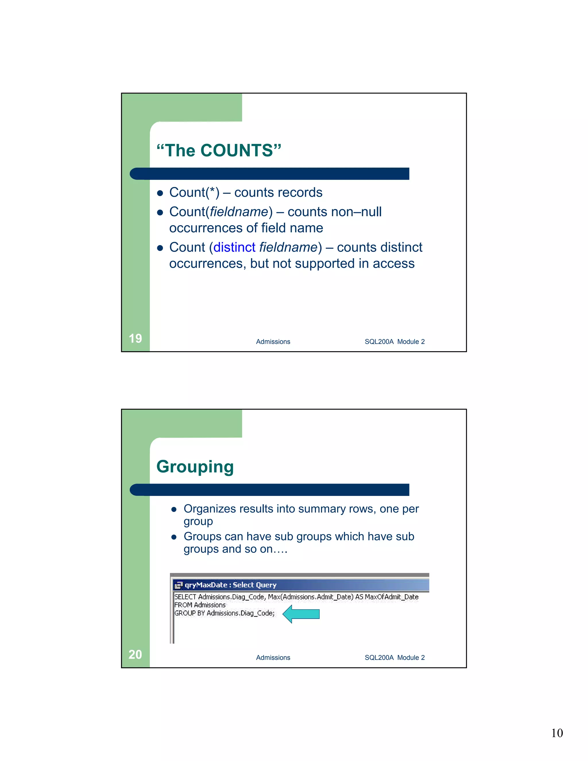 10 “The COUNTS”  Count(*) – counts records  Count(fieldname) – counts non–null occurrences of field name  Count (distinct fieldname) – counts distinct occurrences, but not supported in access Admissions 19 SQL200A Module 2 Grouping  Organizes results into summary rows, one per group  Groups can have sub groups which have sub groups and so on…. 20 Admissions SQL200A Module 2 