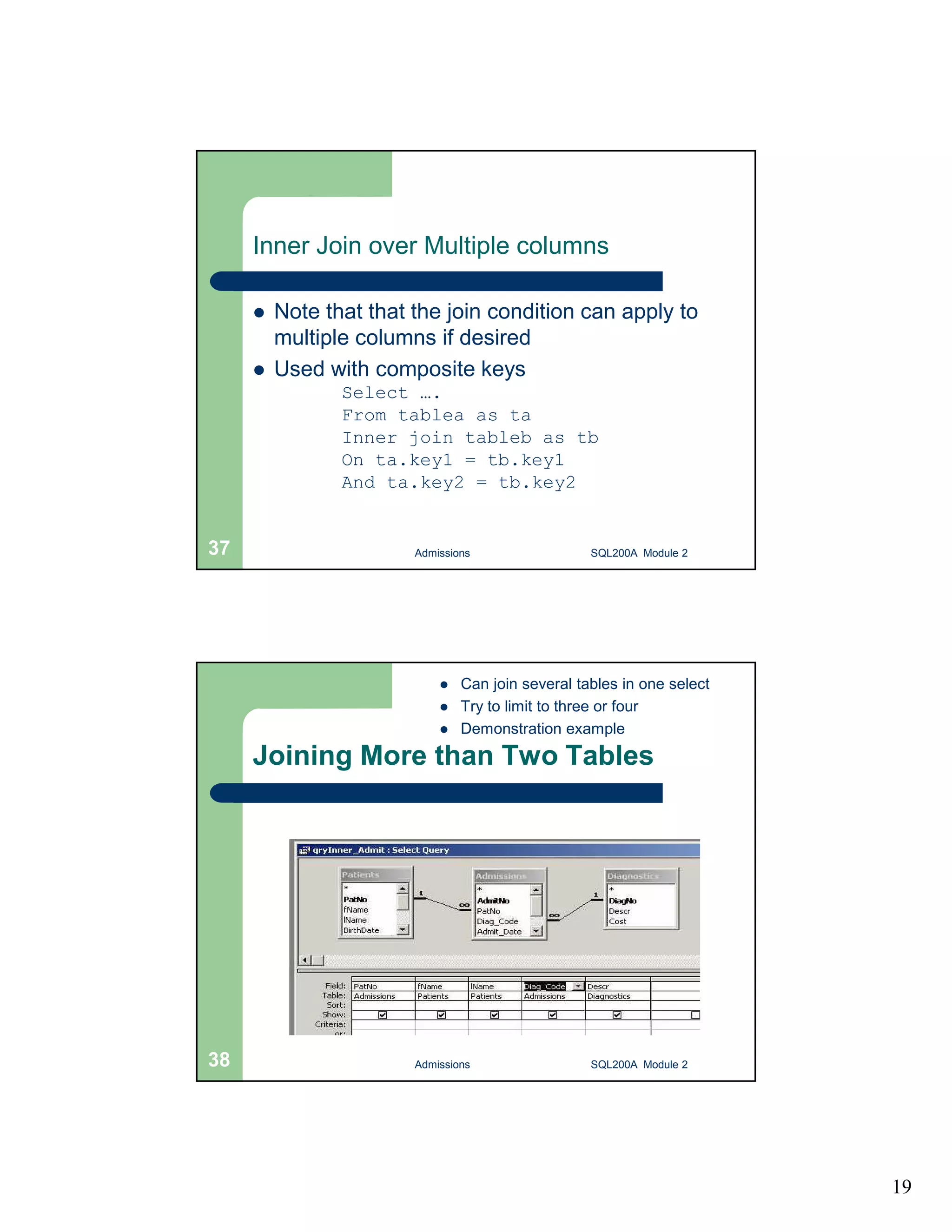 19 Inner Join over Multiple columns  Note that that the join condition can apply to multiple columns if desired  Used with composite keys Select …. From tablea as ta Inner join tableb as tb On ta.key1 = tb.key1 And ta.key2 = tb.key2 Admissions 37 SQL200A Module 2  Can join several tables in one select  Try to limit to three or four  Demonstration example Joining More than Two Tables 38 Admissions SQL200A Module 2 