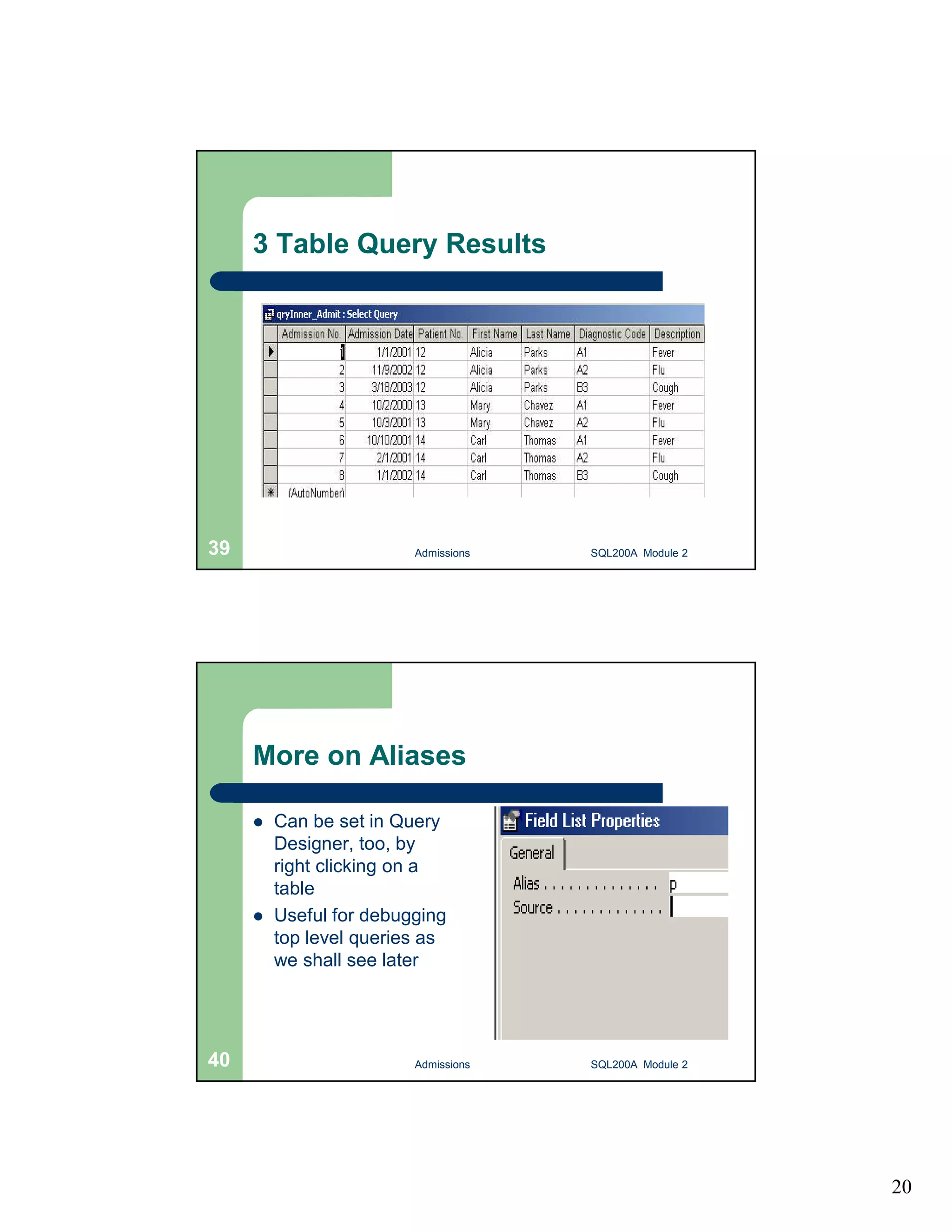 20 3 Table Query Results Admissions 39 SQL200A Module 2 More on Aliases  Can be set in Query Designer, too, by right clicking on a table  Useful for debugging top level queries as we shall see later 40 Admissions SQL200A Module 2 