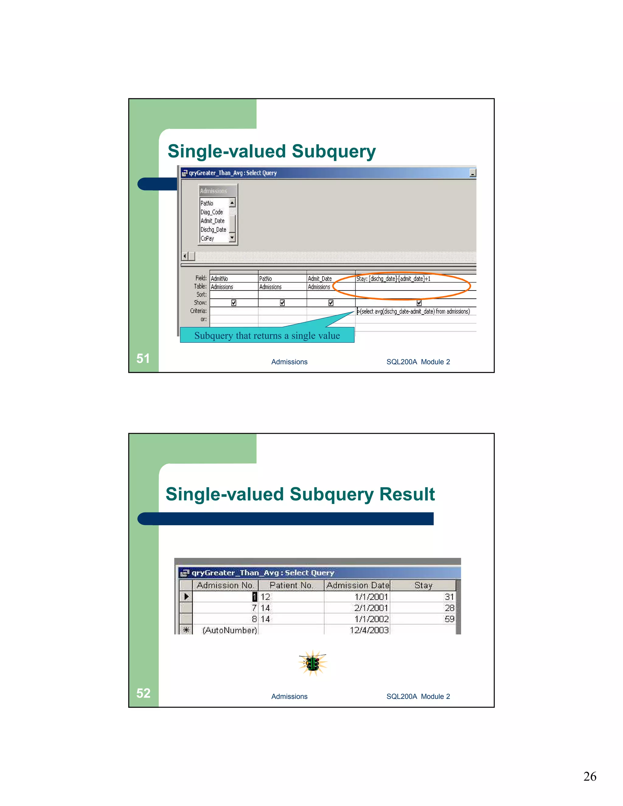26 Single-valued Subquery Subquery that returns a single value Admissions 51 SQL200A Module 2 Single-valued Subquery Result 52 Admissions SQL200A Module 2 