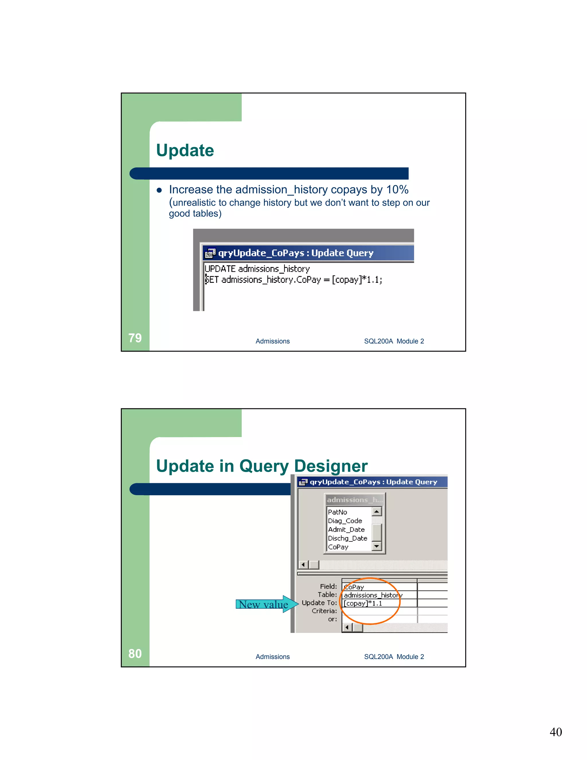 40 Update  Increase the admission_history copays by 10% (unrealistic to change history but we don’t want to step on our good tables) Admissions 79 SQL200A Module 2 Update in Query Designer New value 80 Admissions SQL200A Module 2 
