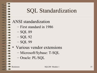 SQL Standardization ANSI standardization First standard in 1986 SQL 89 SQL 92 SQL 99 Various vendor extensions Microsoft/Sybase: T-SQL Oracle: PL/SQL 