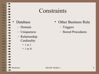 Constraints Database Domain Uniqueness Relationship Cardinality 1 to 1 1 to N Other Business Rule Triggers Stored Procedures 