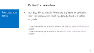 Pre-Upgrade
Tasks
8
• Run SQL BPA to identify if there are any issues or deviation
from the best practice which needs to be fixed first before
upgrade
• You can download the SQL Server 2005 version of BPA at the SQL Server 2005 Best Practices
Analyzer
• You can download the SQL Server 2008 R2 BPA at the SQL Server 2008 R2 Best Practices
Analyzer
SQL Best Practice Analyzer
 