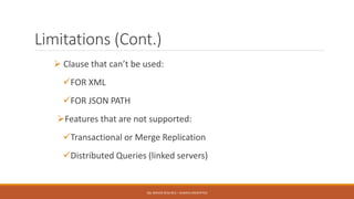 Limitations (Cont.)
 Clause that can’t be used:
FOR XML
FOR JSON PATH
Features that are not supported:
Transactional or Merge Replication
Distributed Queries (linked servers)
SQL SERVER 2016 RC3 – ALWAYS ENCRYPTED
 