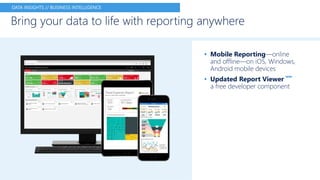 • Mobile Reporting—online
and offline—on iOS, Windows,
Android mobile devices
• Updated Report Viewer
NEW*
a free developer component
Bring your data to life with reporting anywhere
DATA INSIGHTS // BUSINESS INTELLIGENCE
 