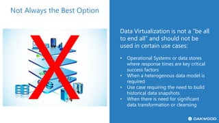 Not Always the Best Option
Data Virtualization is not a “be all
to end all” and should not be
used in certain use cases:
• Operational Systems or data stores
where response times are key critical
success factors
• When a heterogenous data model is
required
• Use case requiring the need to build
historical data snapshots
• When there is need for significant
data transformation or cleansing
 
