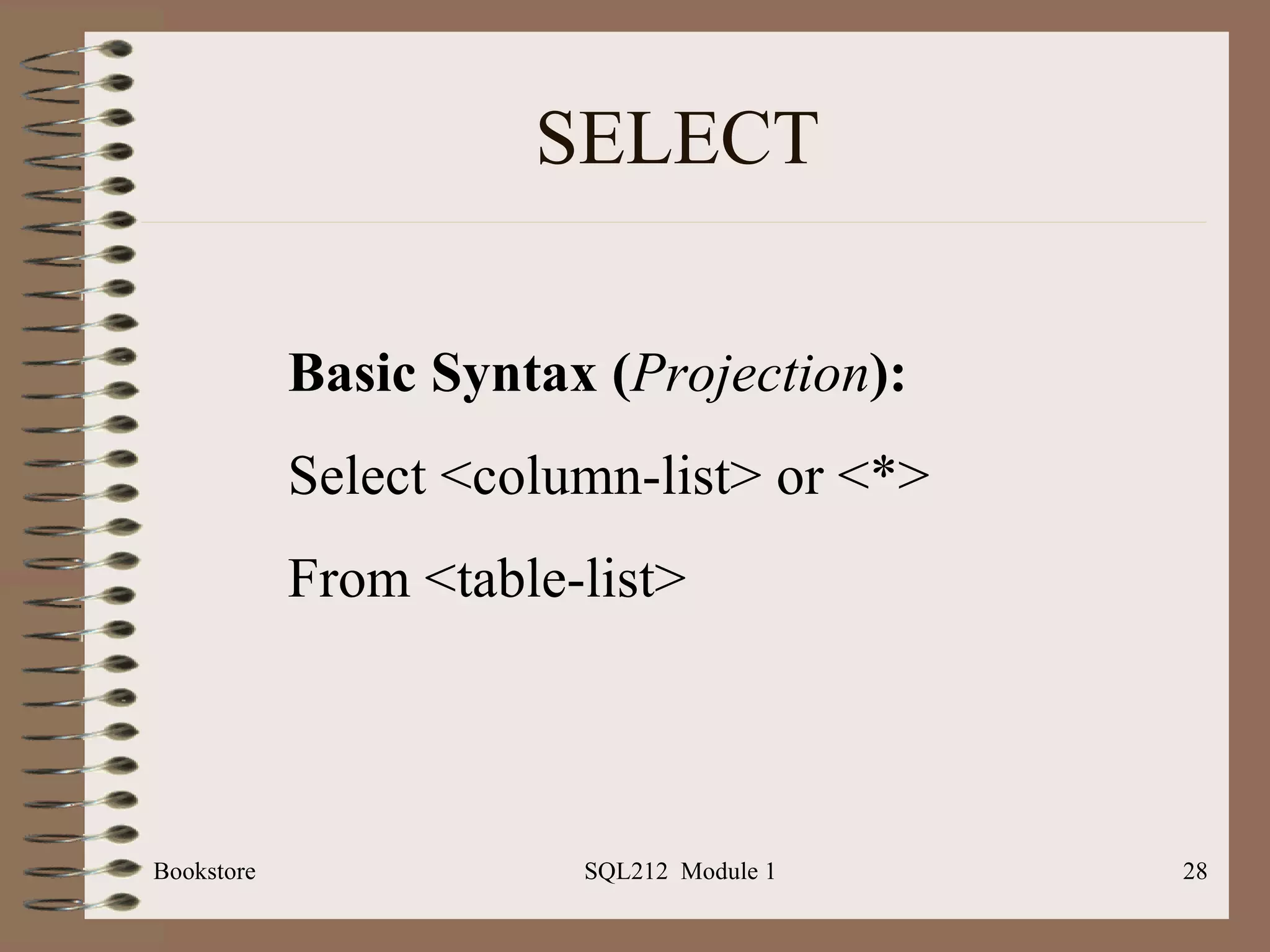 SELECT Bookstore SQL212  Module 1 Basic Syntax ( Projection ): Select <column-list> or <*> From <table-list> 