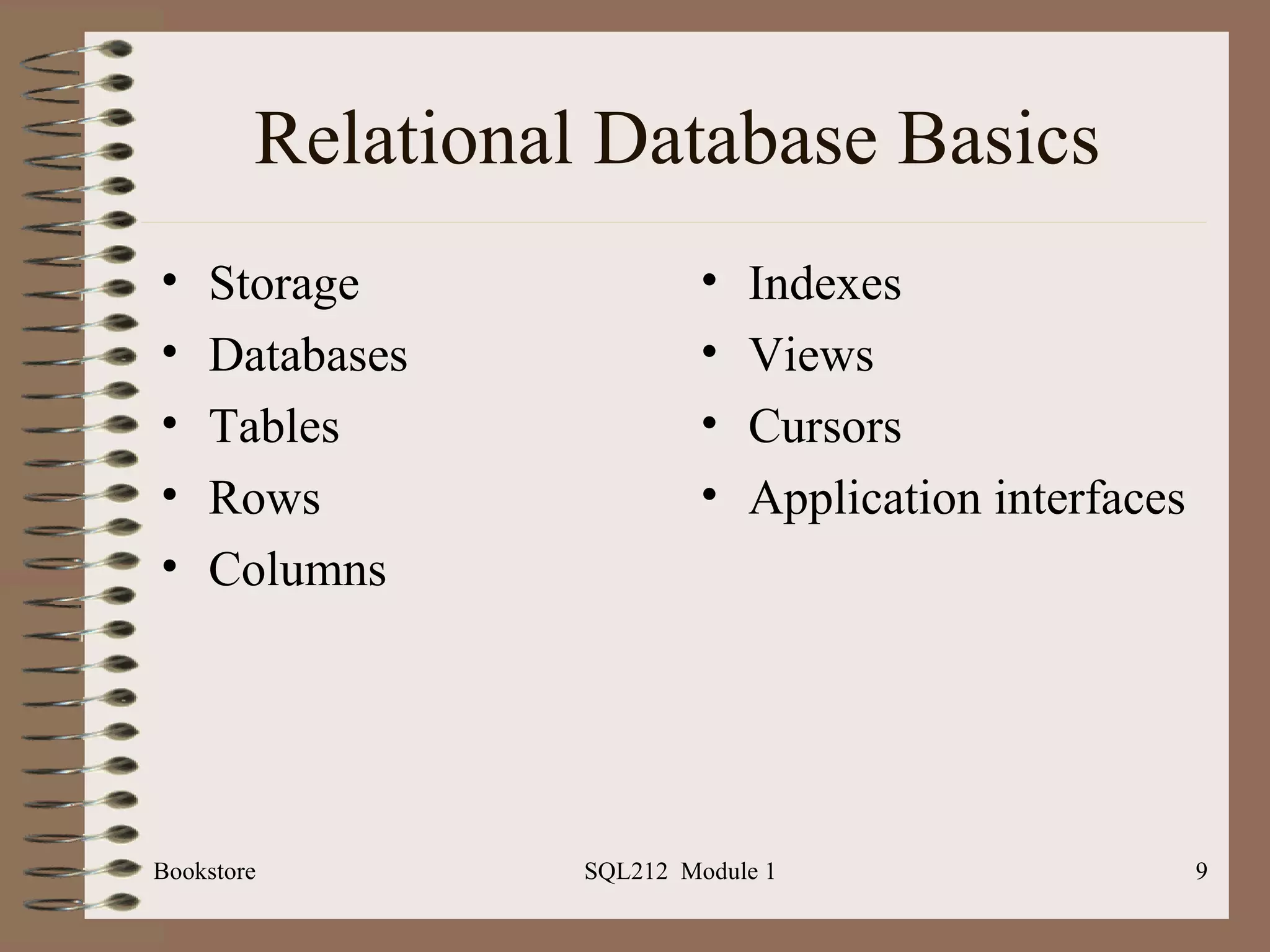 Relational Database Basics Storage Databases Tables Rows Columns Indexes Views Cursors Application interfaces Bookstore SQL212  Module 1 