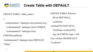 Create Table with DEFAULT
CREATE TABLE <table_name>
(
<columnname1> datatype (size) primary key,
<columnname2> datatype (size) UNIQUE,
<columnname3> datatype (size)
CHECK(condition),
<columnname3> datatype (size) DEFAULT
“Value”
.... 14
CREATE TABLE Persons (
ID int NOT NULL,
LastName
varchar(255) NOT NULL,
FirstName varchar(255),
Age int CHECK (Age>=18),
City varchar (50) DEFAULT
“Lucknow”
 