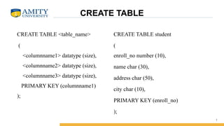 CREATE TABLE
CREATE TABLE <table_name>
(
<columnname1> datatype (size),
<columnname2> datatype (size),
<columnname3> datatype (size),
PRIMARY KEY (columnname1)
);
7
CREATE TABLE student
(
enroll_no number (10),
name char (30),
address char (50),
city char (10),
PRIMARY KEY (enroll_no)
);
 