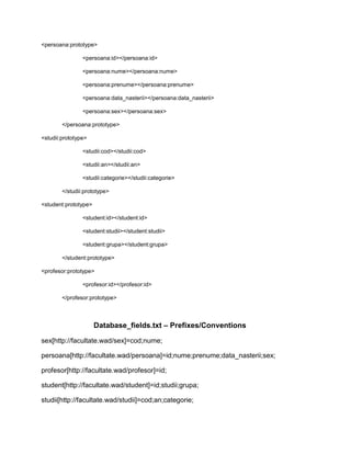 <persoana:prototype>

                <persoana:id></persoana:id>

                <persoana:nume></persoana:nume>

                <persoana:prenume></persoana:prenume>

                <persoana:data_nasterii></persoana:data_nasterii>

                <persoana:sex></persoana:sex>

        </persoana:prototype>

<studii:prototype>

                <studii:cod></studii:cod>

                <studii:an></studii:an>

                <studii:categorie></studii:categorie>

        </studii:prototype>

<student:prototype>

                <student:id></student:id>

                <student:studii></student:studii>

                <student:grupa></student:grupa>

        </student:prototype>

<profesor:prototype>

                <profesor:id></profesor:id>

        </profesor:prototype>



                      Database_fields.txt – Prefixes/Conventions

sex[http://facultate.wad/sex]=cod;nume;

persoana[http://facultate.wad/persoana]=id;nume;prenume;data_nasterii;sex;

profesor[http://facultate.wad/profesor]=id;

student[http://facultate.wad/student]=id;studii;grupa;

studii[http://facultate.wad/studii]=cod;an;categorie;
 