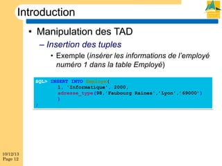 Introduction
•  Manipulation des TAD
–  Insertion des tuples
•  Exemple (insérer les informations de l’employé
numéro 1 dans la table Employé)
SQL> INSERT INTO Employe(
1, 'Informatique', 2000,
adresse_type(98,'Faubourg Raines',’Lyon',’69000’)
)
;

10/12/13
Page 12

 
