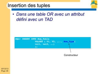 Insertion des tuples
•  Dans une table OR avec un attribut
défini avec un TAD

SQL> INSERT INTO Nom_Table !
!
!VALUES ( V1, V2, ….., Nom_Type( !
!
!val1, val2, ….)
!
!
!); !

Constructeur

10/12/13
Page 46

 