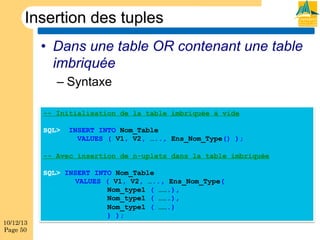 Insertion des tuples
•  Dans une table OR contenant une table
imbriquée
–  Syntaxe
-- Initialisation de la table imbriquée à vide
!
SQL> INSERT INTO Nom_Table
VALUES ( V1, V2, ….., Ens_Nom_Type() );
-- Avec insertion de n-uplets dans la table imbriquée

10/12/13
Page 50

SQL> INSERT INTO Nom_Table
VALUES ( V1, V2, ….., Ens_Nom_Type(
Nom_type1 ( …….),
Nom_type1 ( …….),
Nom_type1 ( …….)
) );

 