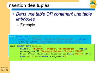 Insertion des tuples
•  Dans une table OR contenant une table
imbriquée
–  Exemple
SQL> INSERT INTO Employes
select 1, ’Simone', ’Dijon','Informatique', ref(a),
adresse_type(98,'Faubourg Raines','Dijon','21000'),
Lieux_Intervention()
SQL> INSERT vehicules a where a.no_immat='2'
from INTO Employes
select 2, ’Marqua', ’Xtophe','Informatique', ref(a),
adresse_type(98,'Faubourg Raines','Dijon','21000'),
;
Lieux_Intervention(Lieu_intervention(null,'Dijon',500))
from vehicules a where a.no_immat='2'
;

10/12/13
Page 52

 