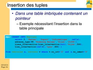 Insertion des tuples
•  Dans une table imbriquée contenant un
pointeur
–  Exemple nécessitant l’insertion dans la
table principale
SQL> INSERT INTO Employes
select 3, ’Xavier', ’Dupont','Informatique', ref(a),
adresse_type(98,'Faubourg Raines','Dijon','21000'),
Lieux_Intervention(Lieu_intervention(null,'Dijon',500),
Lieu_intervention(ref(v),'Lyon',600) )
from vehicules a, contrats v where v.no_int='2' and a.no_immat='2'
;

10/12/13
Page 54

 