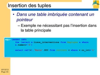 Insertion des tuples
•  Dans une table imbriquée contenant un
pointeur
–  Exemple ne nécessitant pas l’insertion dans
la table principale
SQL> INSERT INTO
the (select e.Lieux_interventions from Employes e where
e.numero='3')
select ref(v), Paris',800 from contrats v where v.no_int='1'
;

10/12/13
Page 55

 