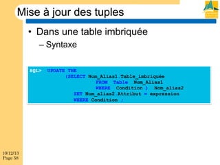 Mise à jour des tuples
•  Dans une table imbriquée
–  Syntaxe
SQL>

10/12/13
Page 58

UPDATE THE
(SELECT Nom_Alias1.Table_imbriquée
FROM Table Nom_Alias1
WHERE Condition ) Nom_alias2
SET Nom_alias2.Attribut = expression
WHERE Condition ;

 