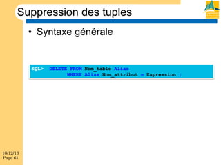 Suppression des tuples
•  Syntaxe générale

SQL>

10/12/13
Page 61

DELETE FROM Nom_table Alias
WHERE Alias.Nom_attribut = Expression ;

 