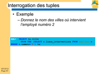 Interrogation des tuples
•  Exemple
–  Donnez le nom des villes où intervient
l’employé numéro 2

SELECT la.ville
FROM THE (SELECT e.lieux_interventions FROM employes e
WHERE e.numero='2') la;
SQL>

10/12/13
Page 67

 