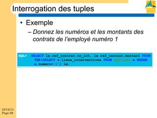 Interrogation des tuples
•  Exemple
–  Donnez les numéros et les montants des
contrats de l’employé numéro 1
SQL>

10/12/13
Page 69

SELECT le.ref_contrat.no_int, le.ref_contrat.montant FROM
THE(SELECT e.lieux_interventions FROM employes e WHERE
e.numero='1') le;

 