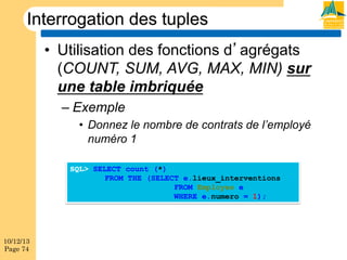 Interrogation des tuples
•  Utilisation des fonctions d agrégats
(COUNT, SUM, AVG, MAX, MIN) sur
une table imbriquée
–  Exemple
•  Donnez le nombre de contrats de l’employé
numéro 1
SQL> SELECT count (*)
FROM THE (SELECT e.lieux_interventions
FROM Employes e
WHERE e.numero = 1);

10/12/13
Page 74

 