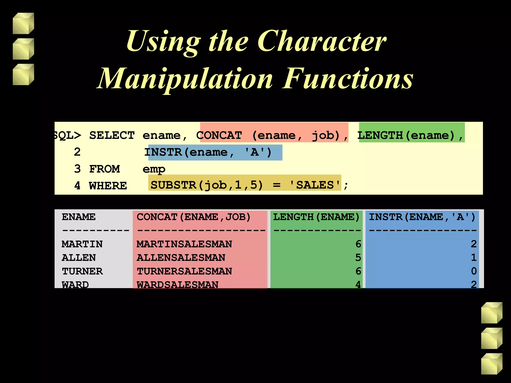 Using the Character
Manipulation Functions
SQL> SELECT ename, CONCAT (ename, job), LENGTH(ename),
2 INSTR(ename, 'A')
3 FROM emp
4 WHERE SUBSTR(job,1,5) = 'SALES';
ENAME CONCAT(ENAME,JOB) LENGTH(ENAME) INSTR(ENAME,'A')
---------- ------------------- ------------- ----------------
MARTIN MARTINSALESMAN 6 2
ALLEN ALLENSALESMAN 5 1
TURNER TURNERSALESMAN 6 0
WARD WARDSALESMAN 4 2
 