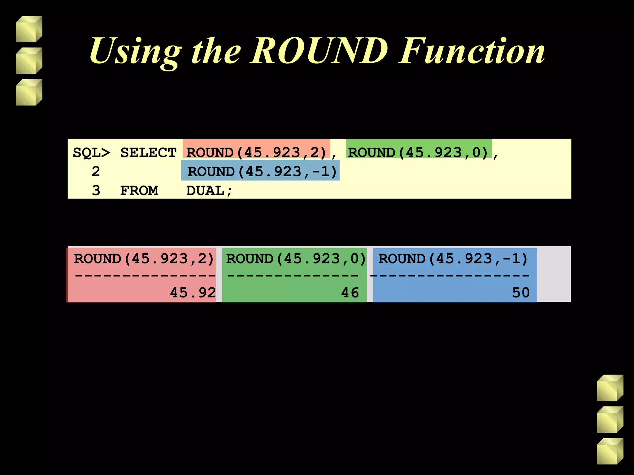 Using the ROUND Function
SQL> SELECT ROUND(45.923,2), ROUND(45.923,0),
2 ROUND(45.923,-1)
3 FROM DUAL;
ROUND(45.923,2) ROUND(45.923,0) ROUND(45.923,-1)
--------------- -------------- -----------------
45.92 46 50
 