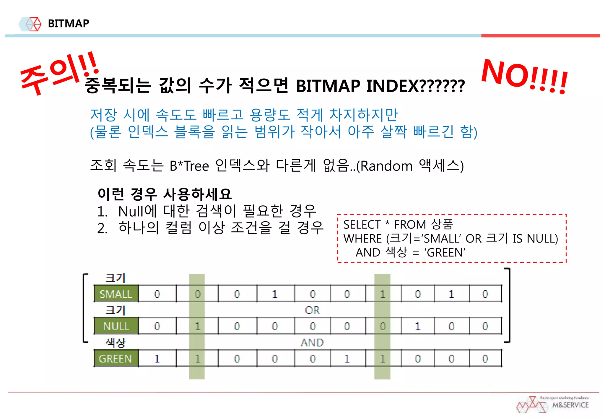 BITMAP
중복되는 값의 수가 적으면 BITMAP INDEX??????
저장 시에 속도도 빠르고 용량도 적게 차지하지만
(물론 인덱스 블록을 읽는 범위가 작아서 아주 살짝 빠르긴 함)
조회 속도는 B*Tree 인덱스와 다른게 없음..(Random 액세스)
이런 경우 사용하세요
1. Null에 대한 검색이 필요한 경우
2. 하나의 컬럼 이상 조건을 걸 경우 SELECT * FROM 상품
WHERE (크기=‘SMALL’ OR 크기 IS NULL)
AND 색상 = ‘GREEN’
 