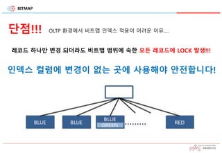 BITMAP
단점!!!
레코드 하나만 변경 되더라도 비트맵 범위에 속한 모든 레코드에 LOCK 발생!!!
OLTP 환경에서 비트맵 인덱스 적용이 어려운 이유….
인덱스 컬럼에 변경이 없는 곳에 사용해야 안전합니다!
 
