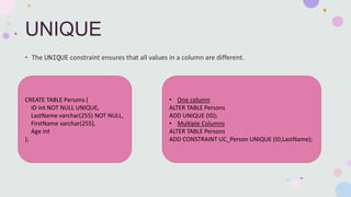 UNIQUE
• The UNIQUE constraint ensures that all values in a column are different.
CREATE TABLE Persons (
ID int NOT NULL UNIQUE,
LastName varchar(255) NOT NULL,
FirstName varchar(255),
Age int
);
• One column
ALTER TABLE Persons
ADD UNIQUE (ID);
• Multiple Columns
ALTER TABLE Persons
ADD CONSTRAINT UC_Person UNIQUE (ID,LastName);
 