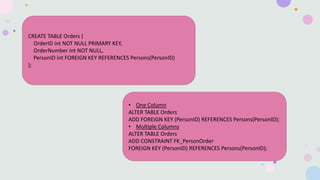 CREATE TABLE Orders (
OrderID int NOT NULL PRIMARY KEY,
OrderNumber int NOT NULL,
PersonID int FOREIGN KEY REFERENCES Persons(PersonID)
);
• One Column
ALTER TABLE Orders
ADD FOREIGN KEY (PersonID) REFERENCES Persons(PersonID);
• Multiple Columns
ALTER TABLE Orders
ADD CONSTRAINT FK_PersonOrder
FOREIGN KEY (PersonID) REFERENCES Persons(PersonID);
 