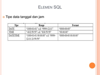 ELEMEN SQL
 Tipe data tanggal dan jam
 