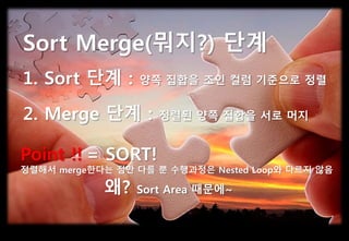 Sort Merge 조인
Sort Merge(뭐지?) 단계
1. Sort 단계 : 양쪽 집합을 조인 컬럼 기준으로 정렬
2. Merge 단계 : 정렬된 양쪽 집합을 서로 머지
Point !!
정렬해서 merge한다는 점만 다를 뿐 수행과정은 Nested Loop와 다르지 않음
왜? Sort Area 때문에~
= SORT!
 