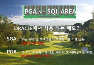 PGA <- SQL AREA
ORACLE에서 사용 하는 메모리
SGA : 모든 서버 및 백그라운드 프로세스에 의해 공유
PGA : 각 서버 프로세스에 대한 데이터 및 제어정보를 포함
공용으로 쓰는 메모리
독립적으로 사용되는 메모리
 