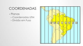 COORDENADAS
• Planas
• Coordenadas UTM
• Divisão em Fuso
 