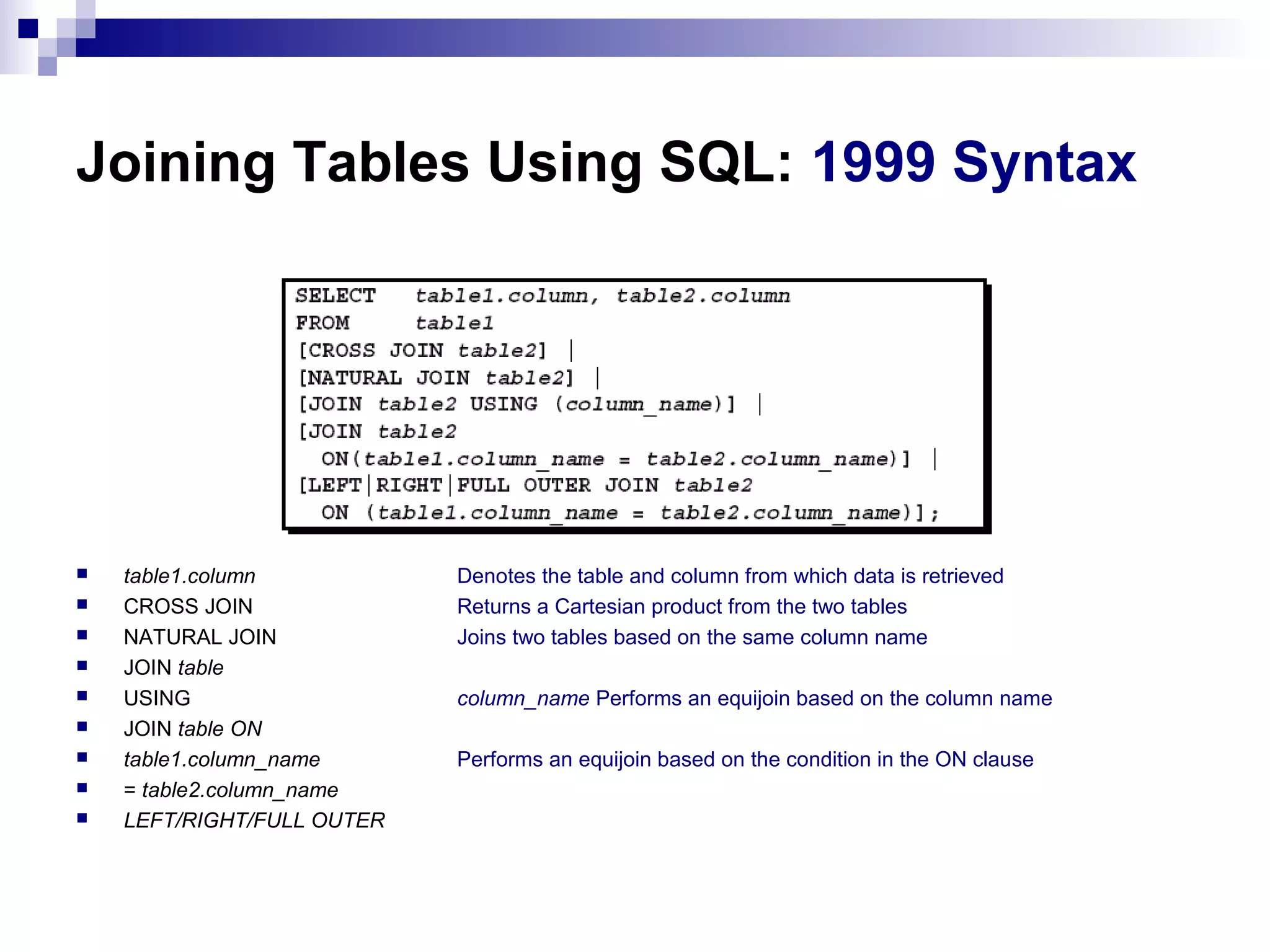 Joining Tables Using SQL: 1999 Syntax











table1.column
CROSS JOIN
NATURAL JOIN
JOIN table
USING
JOIN table ON
table1.column_name
= table2.column_name
LEFT/RIGHT/FULL OUTER

Denotes the table and column from which data is retrieved
Returns a Cartesian product from the two tables
Joins two tables based on the same column name
column_name Performs an equijoin based on the column name
Performs an equijoin based on the condition in the ON clause

 