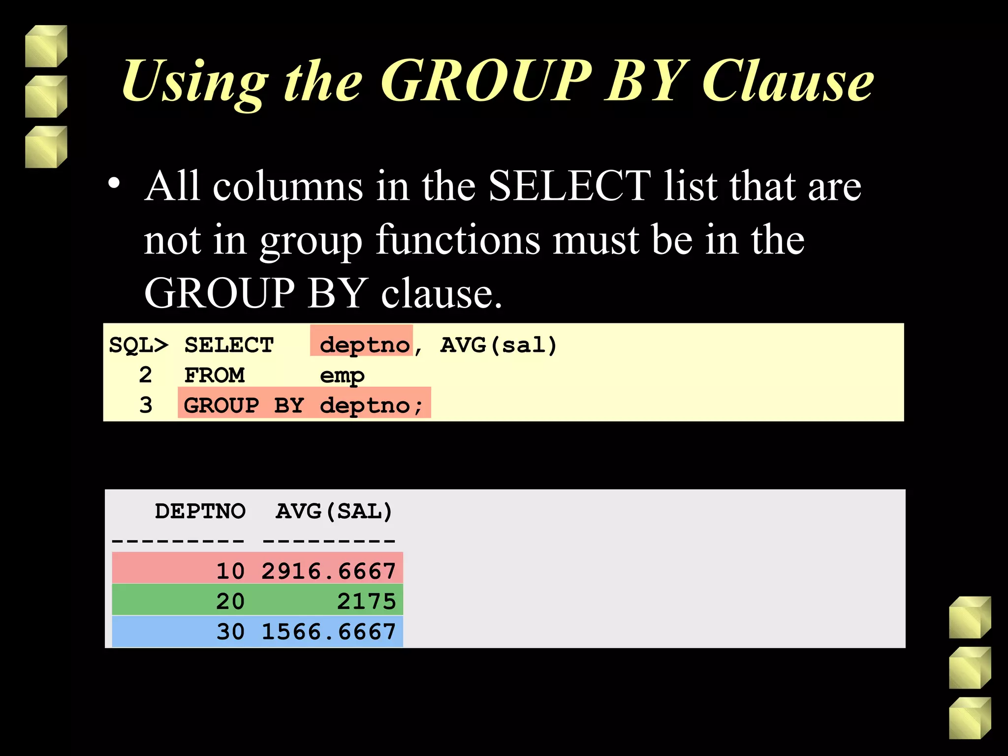 Using the GROUP BY Clause
• All columns in the SELECT list that are
not in group functions must be in the
GROUP BY clause.
SQL> SELECT deptno, AVG(sal)
2 FROM emp
3 GROUP BY deptno;
DEPTNO AVG(SAL)
--------- ---------
10 2916.6667
20 2175
30 1566.6667
 