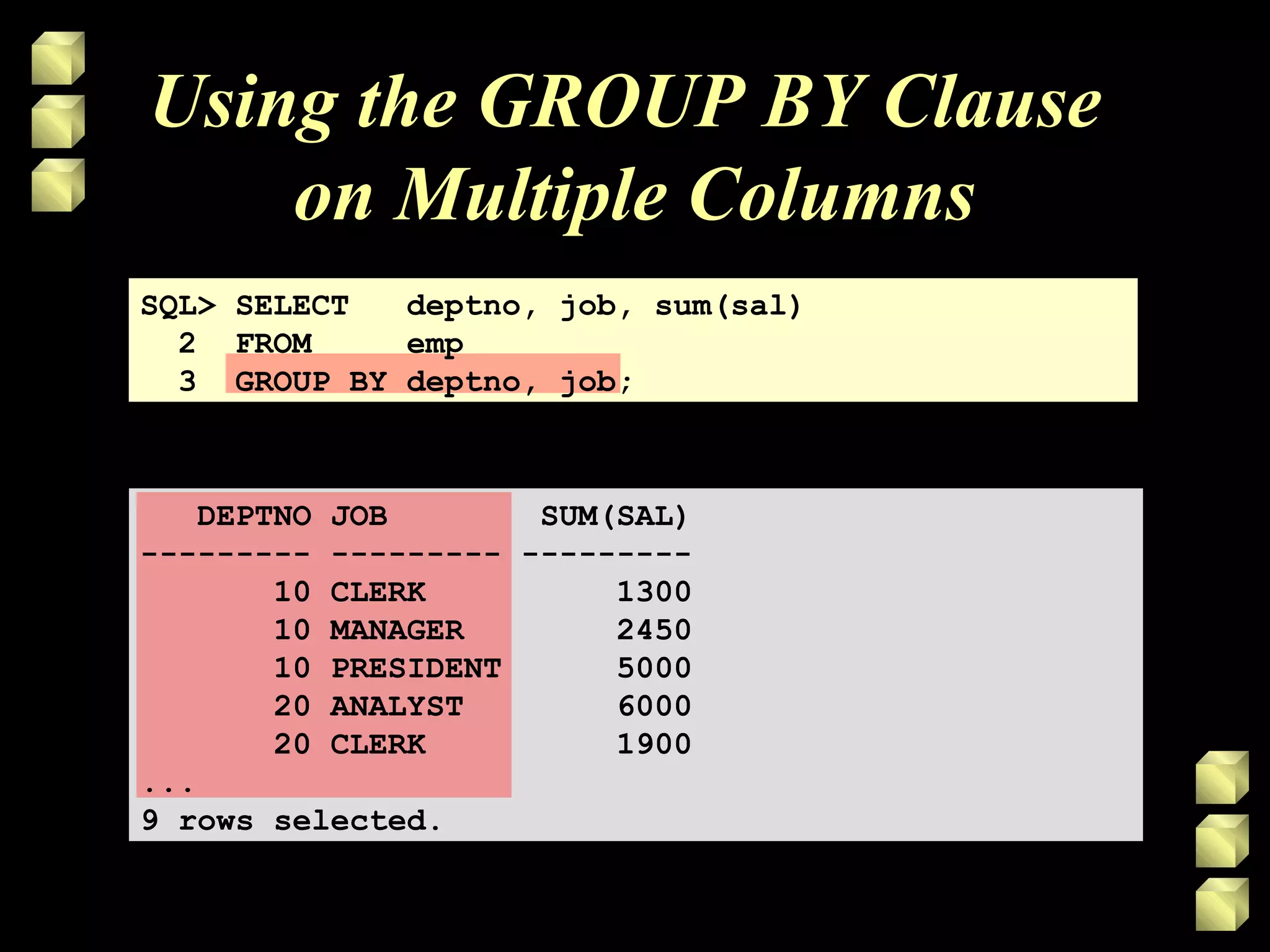 Using the GROUP BY Clause
on Multiple Columns
SQL> SELECT deptno, job, sum(sal)
2 FROM emp
3 GROUP BY deptno, job;
DEPTNO JOB SUM(SAL)
--------- --------- ---------
10 CLERK 1300
10 MANAGER 2450
10 PRESIDENT 5000
20 ANALYST 6000
20 CLERK 1900
...
9 rows selected.
 