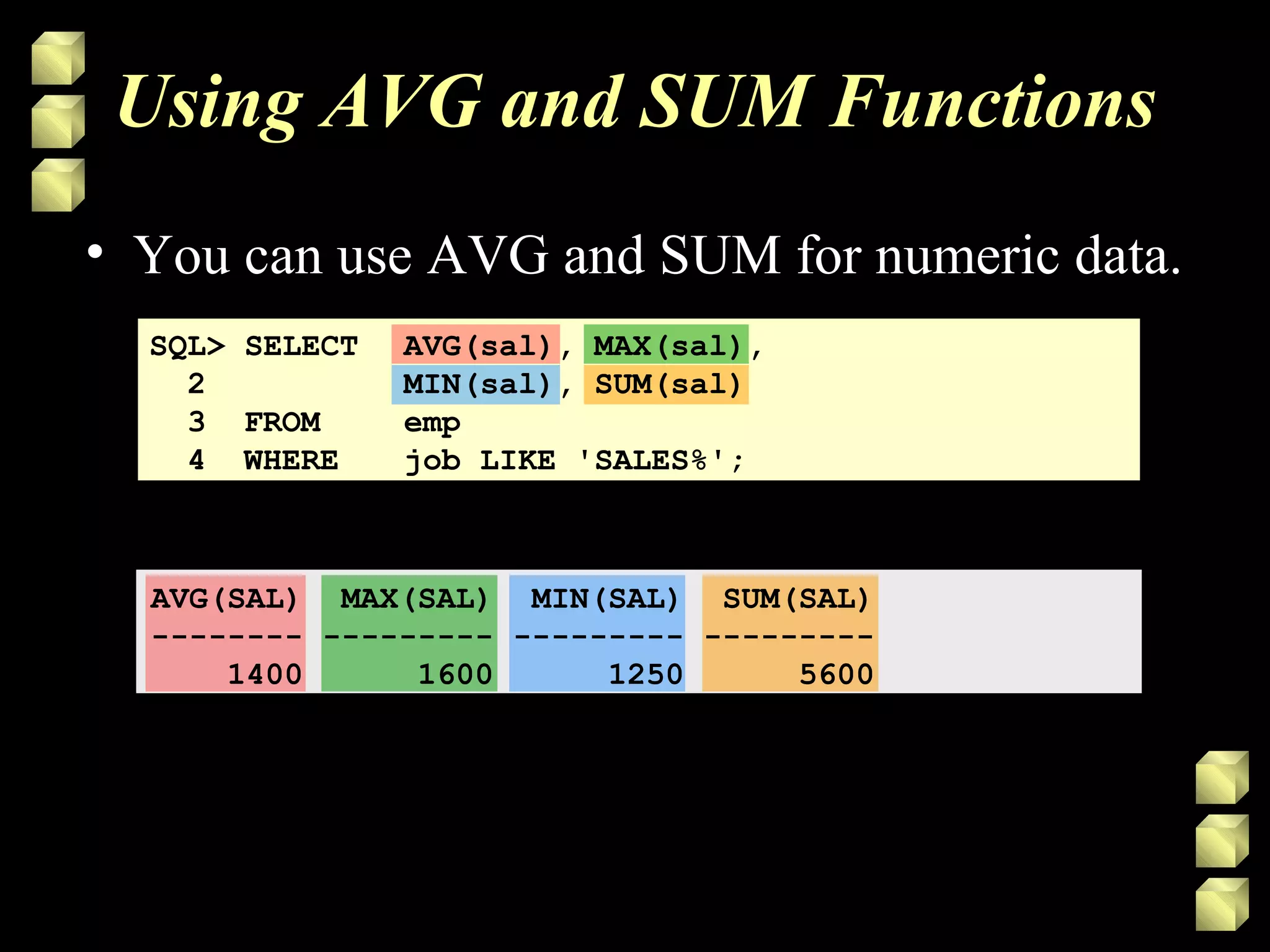 Using AVG and SUM Functions
AVG(SAL) MAX(SAL) MIN(SAL) SUM(SAL)
-------- --------- --------- ---------
1400 1600 1250 5600
• You can use AVG and SUM for numeric data.
SQL> SELECT AVG(sal), MAX(sal),
2 MIN(sal), SUM(sal)
3 FROM emp
4 WHERE job LIKE 'SALES%';
 