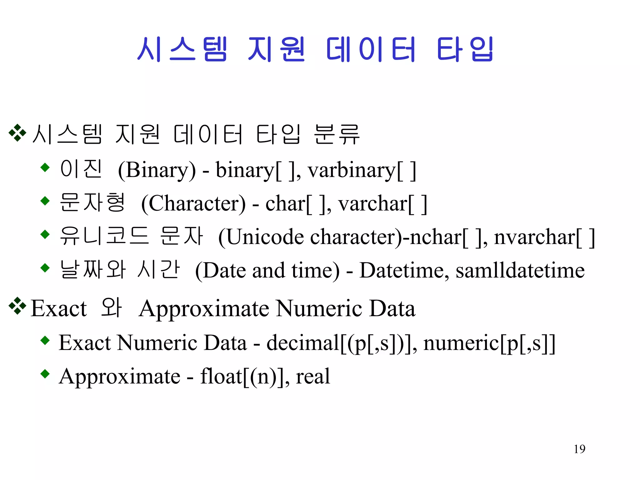 시스템 지원 데이터 타입 시스템 지원 데이터 타입 분류 이진 (Binary) - binary[ ], varbinary[ ] 문자형 (Character) - char[ ], varchar[ ] 유니코드 문자 (Unicode character)-nchar[ ], nvarchar[ ] 날짜와 시간 (Date and time) - Datetime, samlldatetime Exact 와 Approximate Numeric Data Exact Numeric Data - decimal[(p[,s])], numeric[p[,s]] Approximate - float[(n)], real 