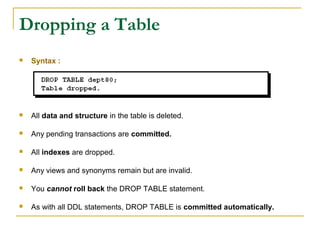Dropping a Table


Syntax :



All data and structure in the table is deleted.



Any pending transactions are committed.



All indexes are dropped.



Any views and synonyms remain but are invalid.



You cannot roll back the DROP TABLE statement.



As with all DDL statements, DROP TABLE is committed automatically.

 