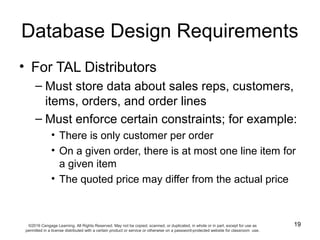 19
Database Design Requirements
• For TAL Distributors
– Must store data about sales reps, customers,
items, orders, and o...