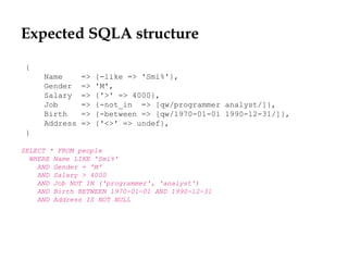Expected SQLA structure
{
Name => {-like => 'Smi%'},
Gender => 'M',
Salary => {'>' => 4000},
Job => {-not_in => [qw/programmer analyst/]},
Birth => {-between => [qw/1970-01-01 1990-12-31/]},
Address => {'<>' => undef},
}
SELECT * FROM people
WHERE Name LIKE 'Smi%'
AND Gender = 'M'
AND Salary > 4000
AND Job NOT IN ('programmer', 'analyst')
AND Birth BETWEEN 1970-01-01 AND 1990-12-31
AND Address IS NOT NULL
 
