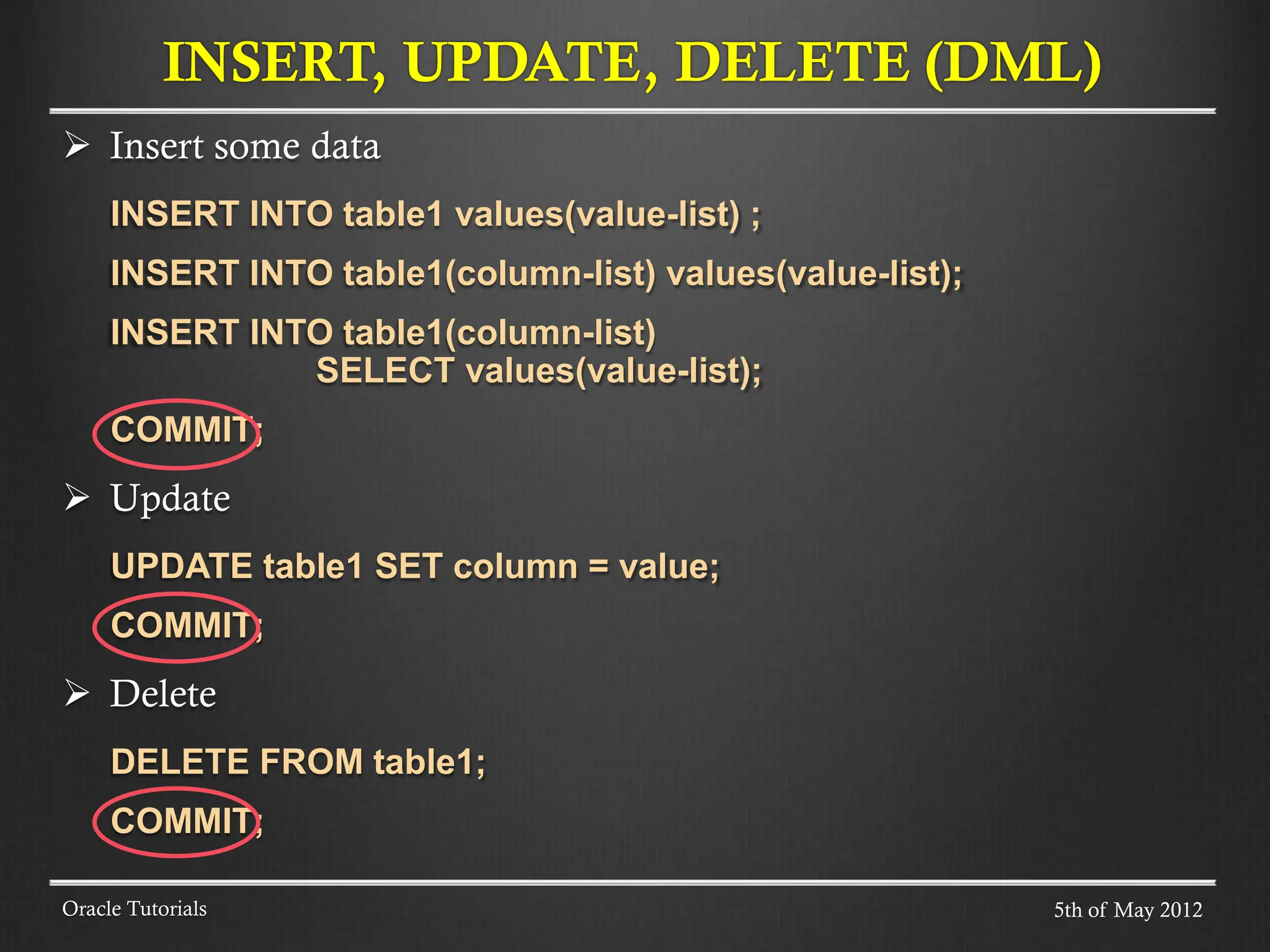  Insert some data INSERT INTO table1 values(value-list) ; INSERT INTO table1(column-list) values(value-list); INSERT INTO table1(column-list) SELECT values(value-list); COMMIT;  Update UPDATE table1 SET column = value; COMMIT;  Delete DELETE FROM table1; COMMIT; INSERT, UPDATE, DELETE (DML) Oracle Tutorials 5th of May 2012 