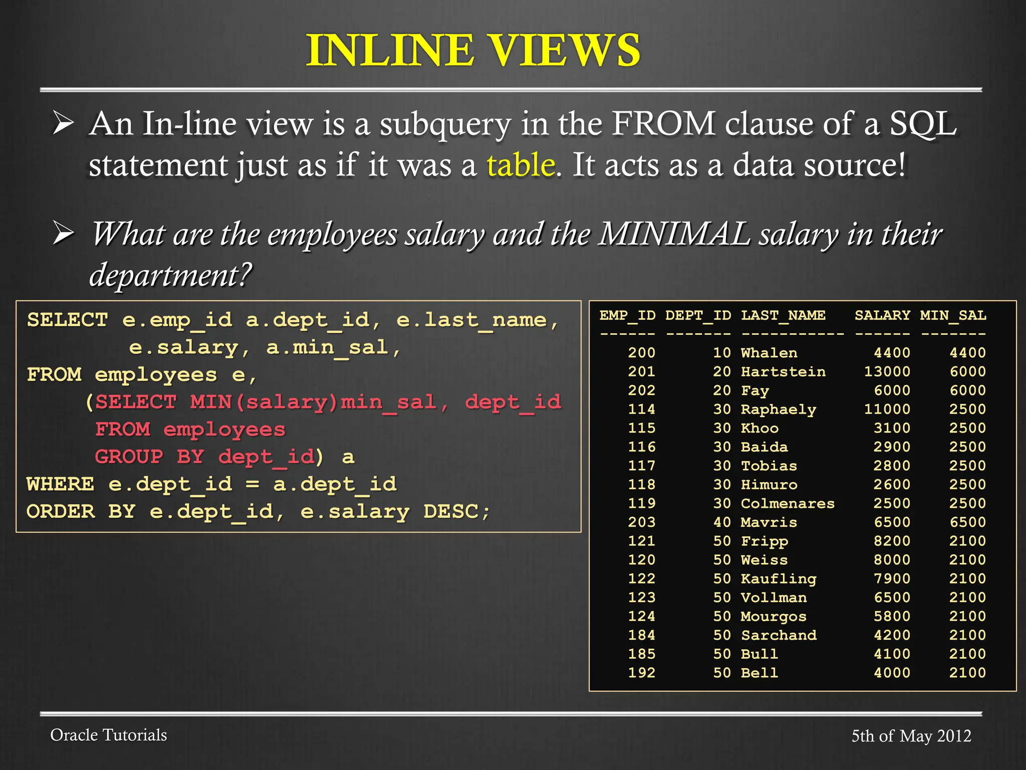  An In-line view is a subquery in the FROM clause of a SQL statement just as if it was a table. It acts as a data source!  What are the employees salary and the MINIMAL salary in their department? INLINE VIEWS Oracle Tutorials SELECT e.emp_id a.dept_id, e.last_name, e.salary, a.min_sal, FROM employees e, (SELECT MIN(salary)min_sal, dept_id FROM employees GROUP BY dept_id) a WHERE e.dept_id = a.dept_id ORDER BY e.dept_id, e.salary DESC; EMP_ID DEPT_ID LAST_NAME SALARY MIN_SAL ------ ------- ----------- ------ ------- 200 10 Whalen 4400 4400 201 20 Hartstein 13000 6000 202 20 Fay 6000 6000 114 30 Raphaely 11000 2500 115 30 Khoo 3100 2500 116 30 Baida 2900 2500 117 30 Tobias 2800 2500 118 30 Himuro 2600 2500 119 30 Colmenares 2500 2500 203 40 Mavris 6500 6500 121 50 Fripp 8200 2100 120 50 Weiss 8000 2100 122 50 Kaufling 7900 2100 123 50 Vollman 6500 2100 124 50 Mourgos 5800 2100 184 50 Sarchand 4200 2100 185 50 Bull 4100 2100 192 50 Bell 4000 2100 5th of May 2012 