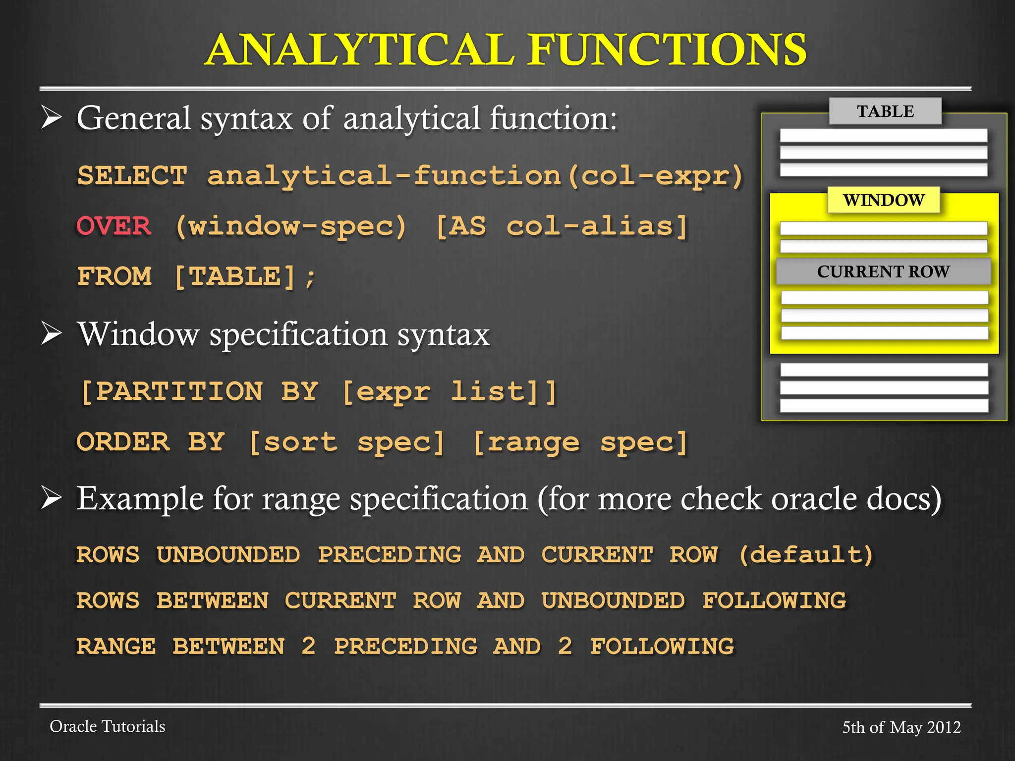  General syntax of analytical function: SELECT analytical-function(col-expr) OVER (window-spec) [AS col-alias] FROM [TABLE];  Window specification syntax [PARTITION BY [expr list]] ORDER BY [sort spec] [range spec]  Example for range specification (for more check oracle docs) ROWS UNBOUNDED PRECEDING AND CURRENT ROW (default) ROWS BETWEEN CURRENT ROW AND UNBOUNDED FOLLOWING RANGE BETWEEN 2 PRECEDING AND 2 FOLLOWING ANALYTICAL FUNCTIONS Oracle Tutorials EWWEQEWQEQ ASDASSDA CURRENT ROW WINDOW TABLE 5th of May 2012 