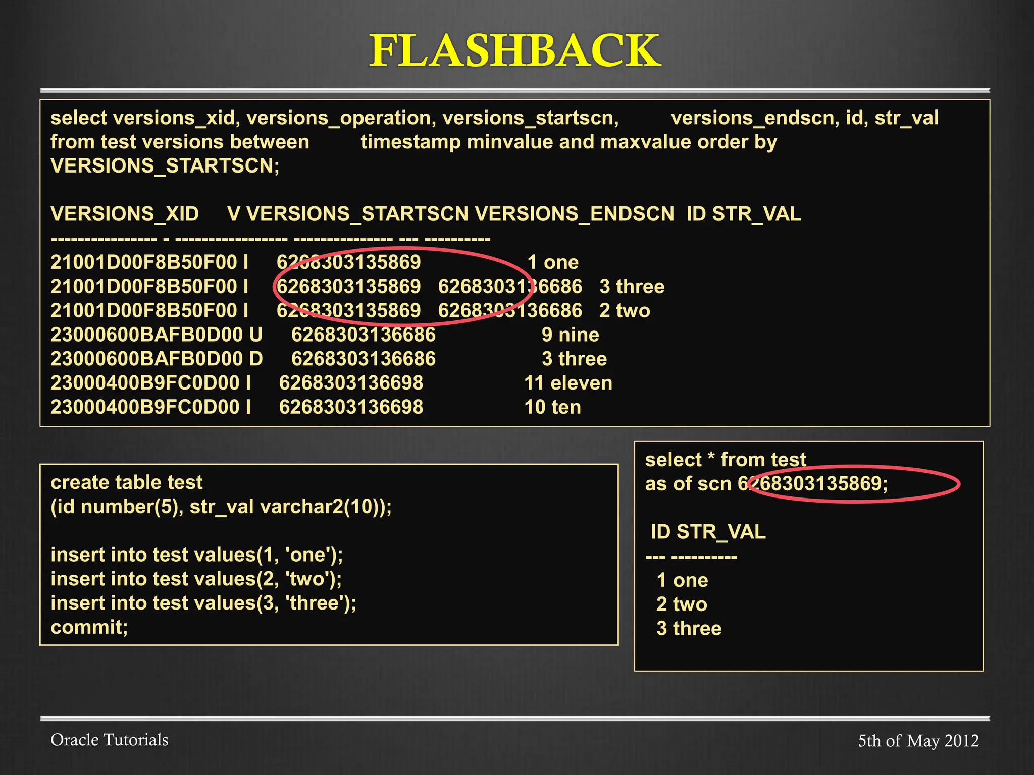 FLASHBACK Oracle Tutorials select versions_xid, versions_operation, versions_startscn, versions_endscn, id, str_val from test versions between timestamp minvalue and maxvalue order by VERSIONS_STARTSCN; VERSIONS_XID V VERSIONS_STARTSCN VERSIONS_ENDSCN ID STR_VAL ---------------- - ----------------- --------------- --- ---------- 21001D00F8B50F00 I 6268303135869 1 one 21001D00F8B50F00 I 6268303135869 6268303136686 3 three 21001D00F8B50F00 I 6268303135869 6268303136686 2 two 23000600BAFB0D00 U 6268303136686 9 nine 23000600BAFB0D00 D 6268303136686 3 three 23000400B9FC0D00 I 6268303136698 11 eleven 23000400B9FC0D00 I 6268303136698 10 ten select * from test as of scn 6268303135869; ID STR_VAL --- ---------- 1 one 2 two 3 three create table test (id number(5), str_val varchar2(10)); insert into test values(1, 'one'); insert into test values(2, 'two'); insert into test values(3, 'three'); commit; 5th of May 2012 