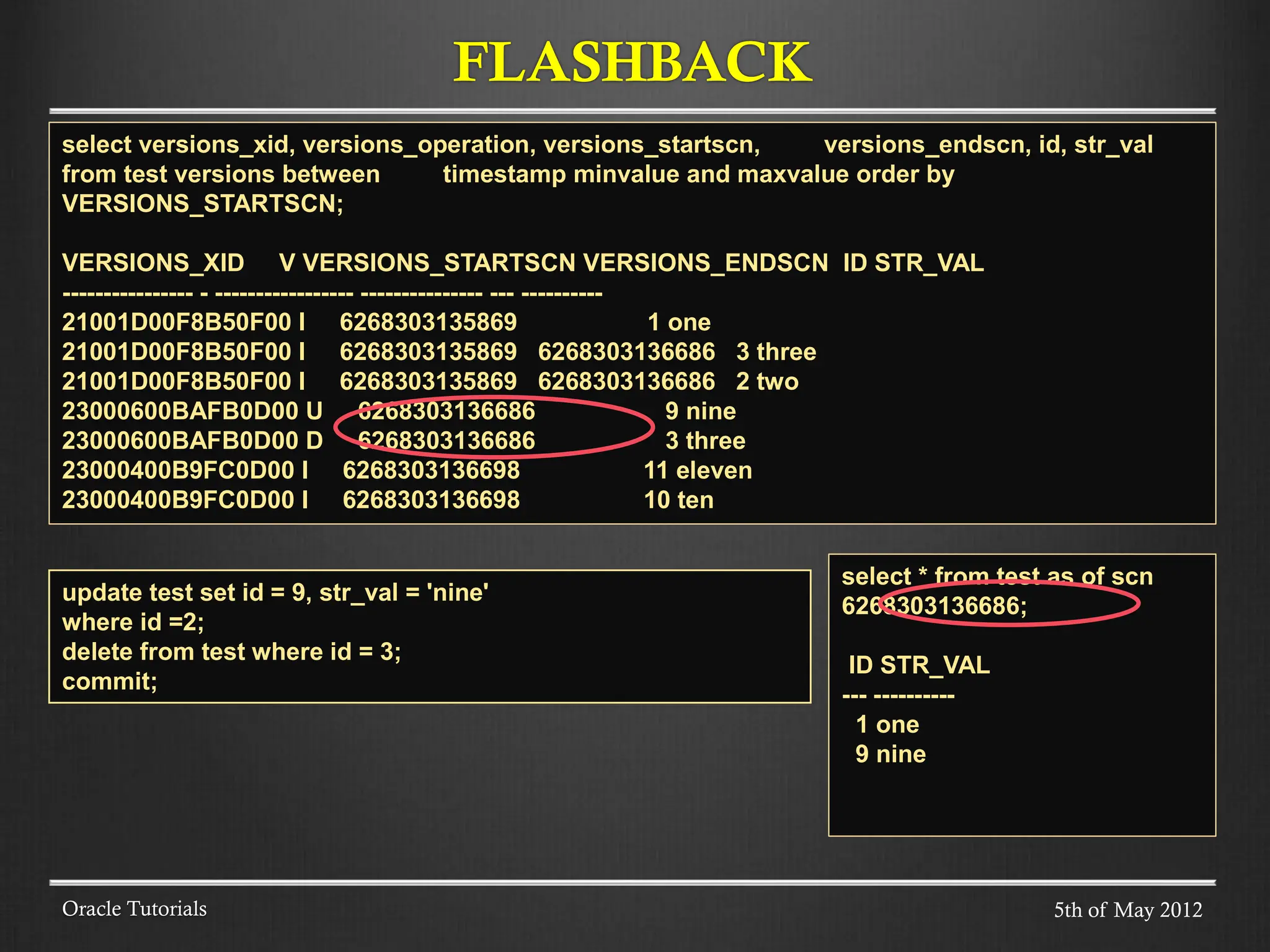 FLASHBACK Oracle Tutorials select versions_xid, versions_operation, versions_startscn, versions_endscn, id, str_val from test versions between timestamp minvalue and maxvalue order by VERSIONS_STARTSCN; VERSIONS_XID V VERSIONS_STARTSCN VERSIONS_ENDSCN ID STR_VAL ---------------- - ----------------- --------------- --- ---------- 21001D00F8B50F00 I 6268303135869 1 one 21001D00F8B50F00 I 6268303135869 6268303136686 3 three 21001D00F8B50F00 I 6268303135869 6268303136686 2 two 23000600BAFB0D00 U 6268303136686 9 nine 23000600BAFB0D00 D 6268303136686 3 three 23000400B9FC0D00 I 6268303136698 11 eleven 23000400B9FC0D00 I 6268303136698 10 ten update test set id = 9, str_val = 'nine' where id =2; delete from test where id = 3; commit; select * from test as of scn 6268303136686; ID STR_VAL --- ---------- 1 one 9 nine 5th of May 2012 
